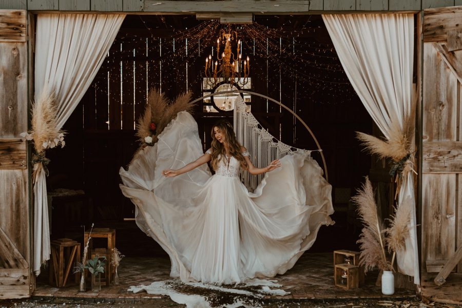 Boho Bridal wedding in Barn Forest dream Flowy dress