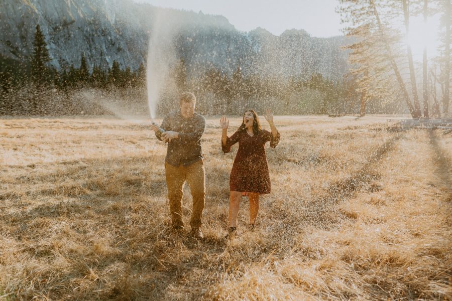 Champagne spray surprise proposal Yosemite NP