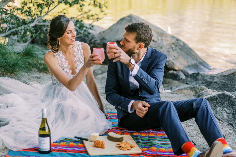 Bride and groom have a picnic in Grand Teton National Park.