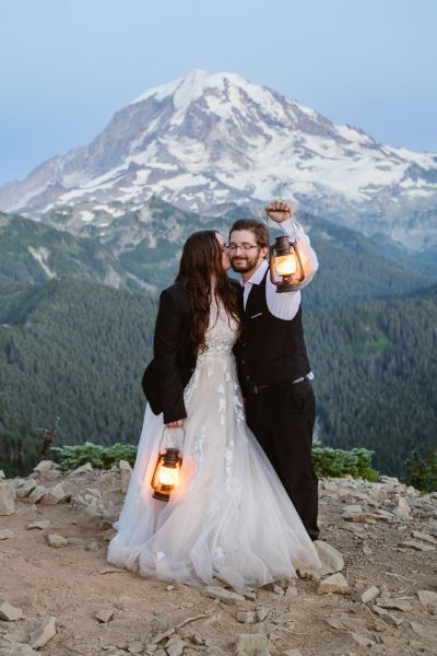 Elope at blue hour with lanterns at Tolmie Peak in Mount Rainier National Park