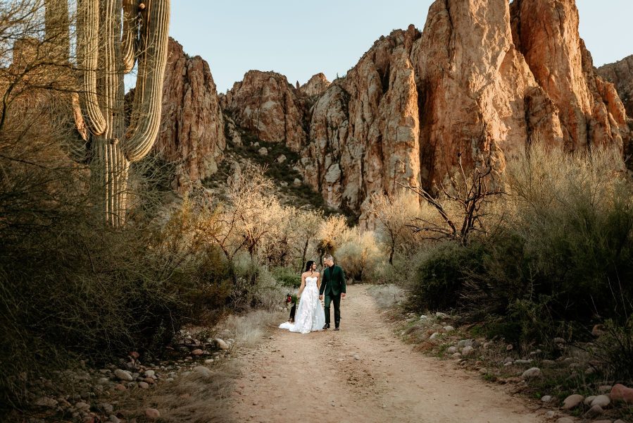 Couple standing hand in hand during their Saguaro Lake Ranch micro wedding in Arizona