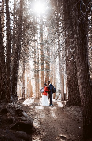 A wedding couple hugging in the trees with the sun shining through on their hiking path in Yosemite for their Elopement