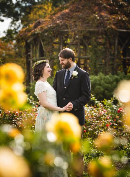 wedding couple's First Look in Elizabeth Park in Connecticut