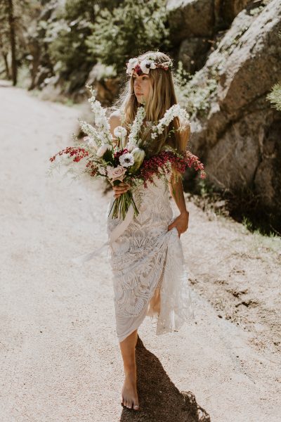 boho bride walking barefoot
