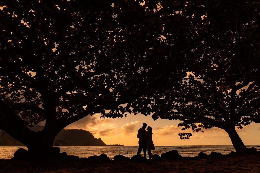 Bride and groom silhouetted under the Kamani trees at sunset in Kauai, Hawaii