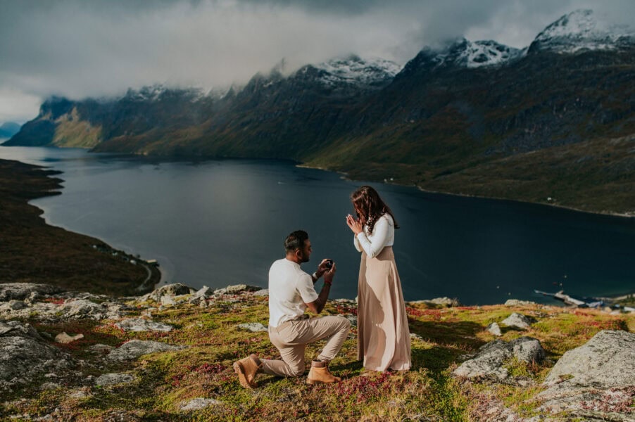 Surprise proposal in the mountains of Tromsø in Norway