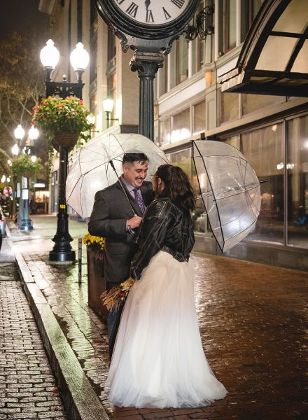 elopement couple in rain with umbrellas