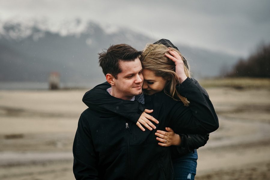 rainy alaska beach engagement session
