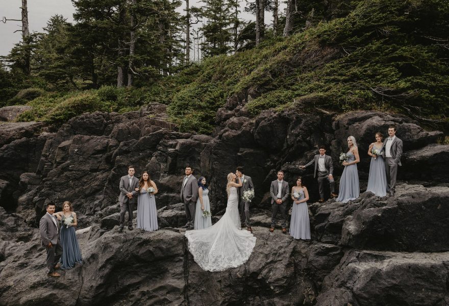 wedding party, bridesmaids and groomsmen in Tofino photographed by Photos by Pala Mikayla