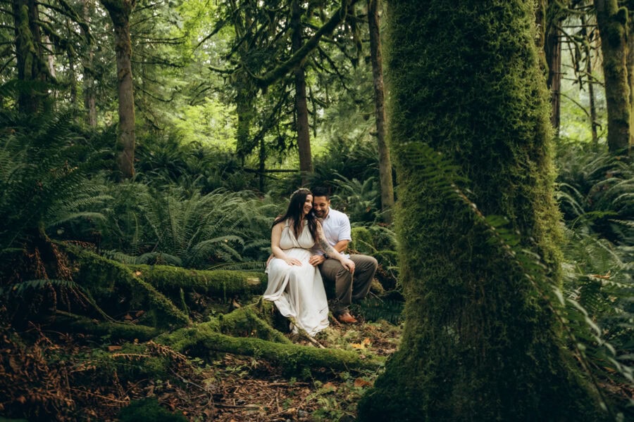 Couple sitting on a moss-covered log during a forest elopement in the Pacific Northwest surrounded by ferns and tall trees
