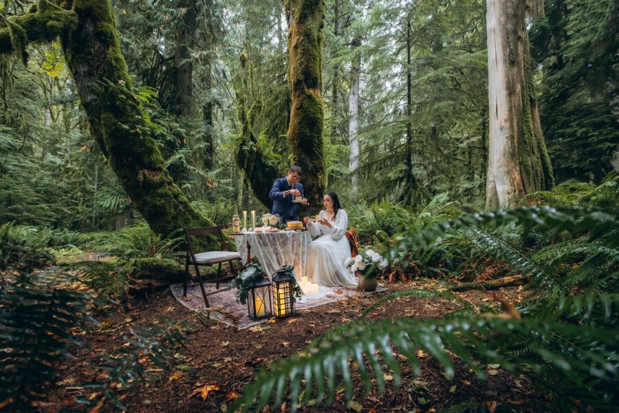 Couple sharing a small wedding dinner setup in a mossy forest near Lake Crescent in Olympic National Park, Washington