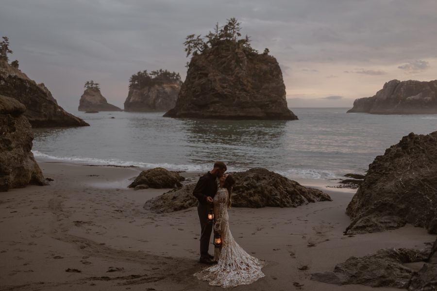 Golden hour Washington coast elopement taken by Washington elopement photographer