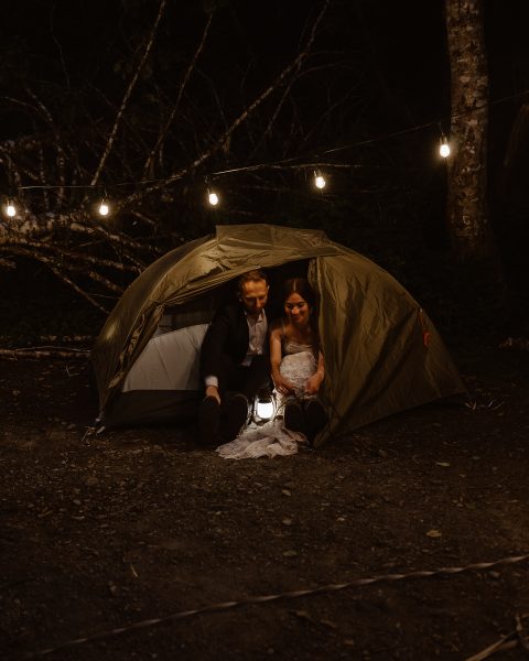 Camping North Cascades elopement photos under string lights