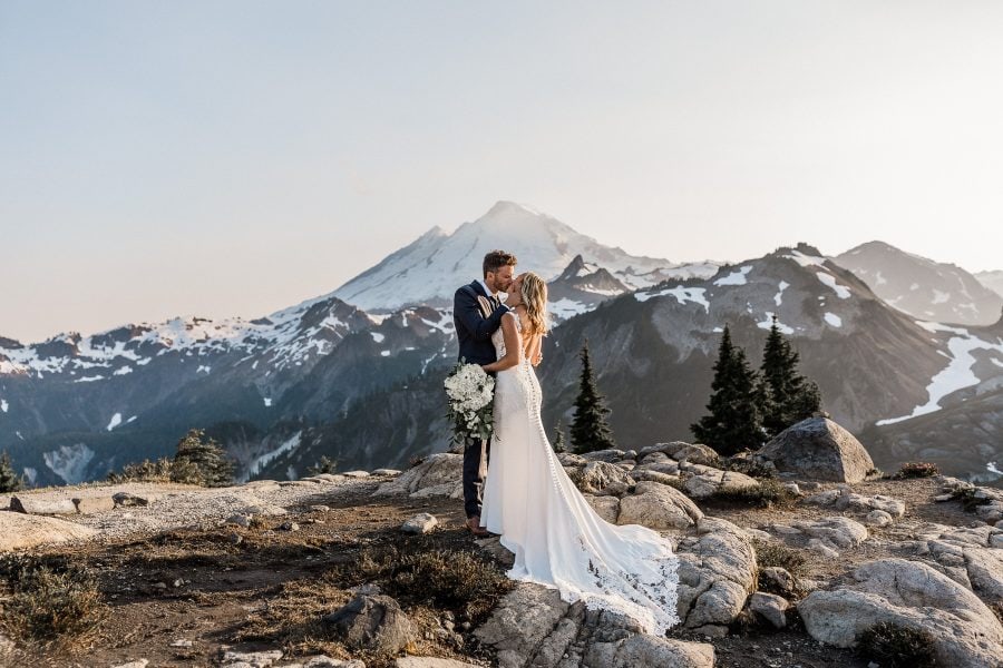Bride and Groom portraits at Artist Point in front of Mount Baker