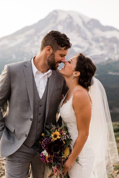 Bride and groom portrait at Mount Rainier