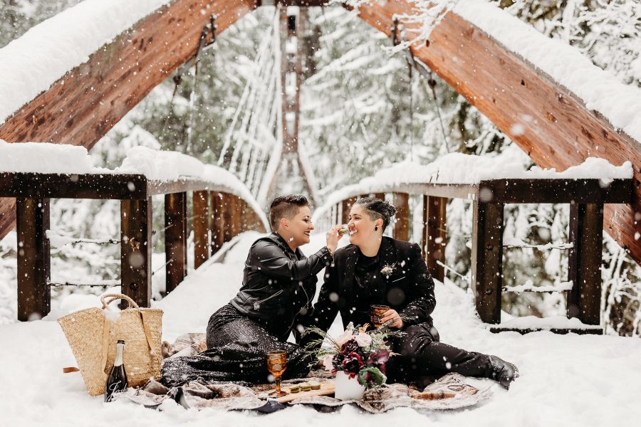 A snowy picnic after wedding ceremony in North Bend