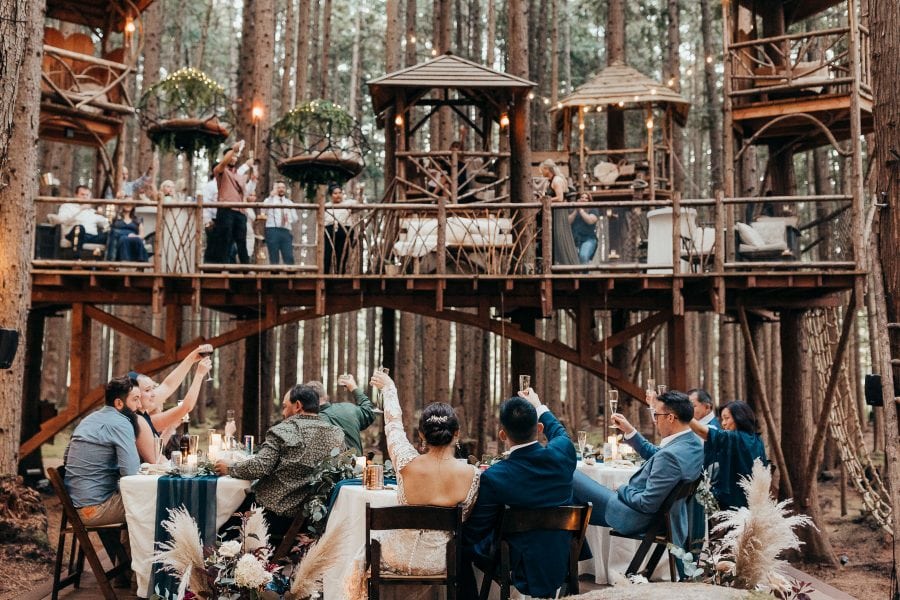 Couple toasting to their guests at Emerald Forest