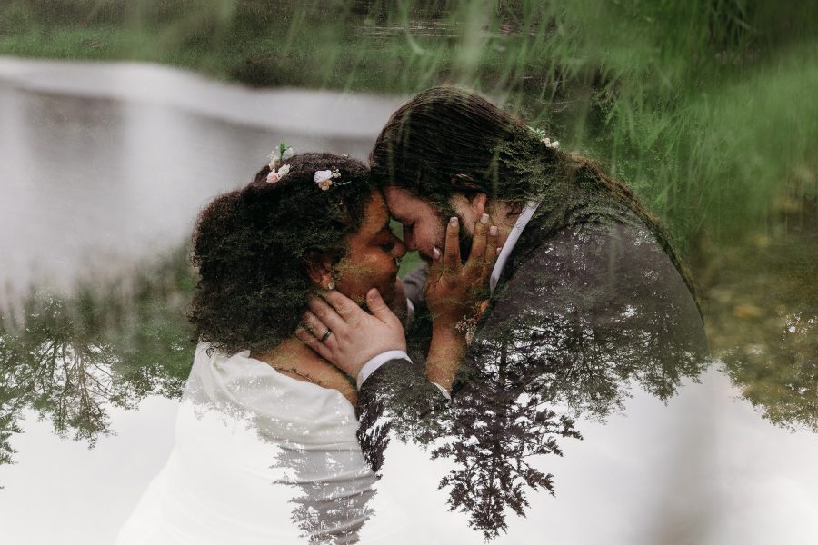 Double exposure of a couple embracing