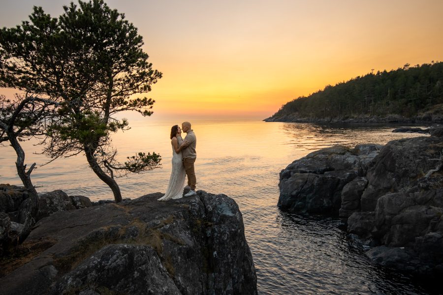 Bride and groom on a cliff by the ocean