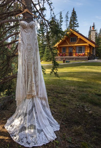 Wedding dress in front of a log cabin