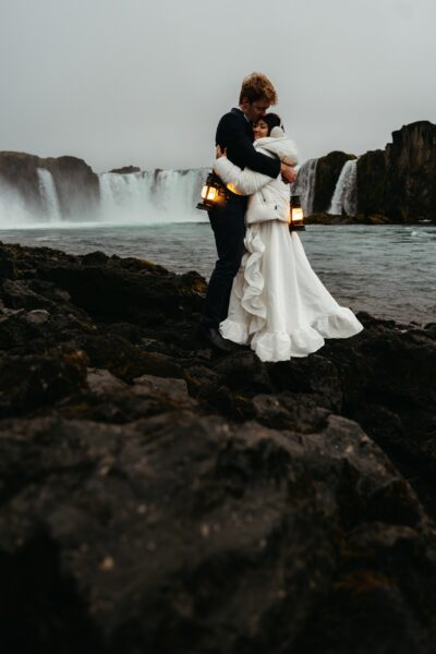 Couple eloping at Godafoss in Iceland