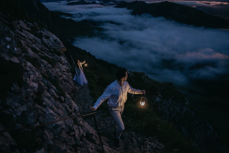 Couple eloping in Switzerland by lanterns