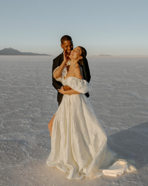Bride and groom eloping at Bonneville Salt Flats in Utah.