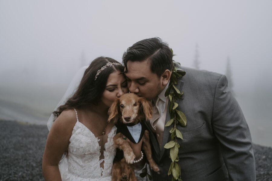 A bridge and groom hold their dog, giving him a kiss.