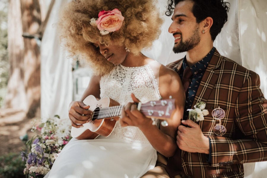couple sharing their first dance song in curry village at Yosemite national park